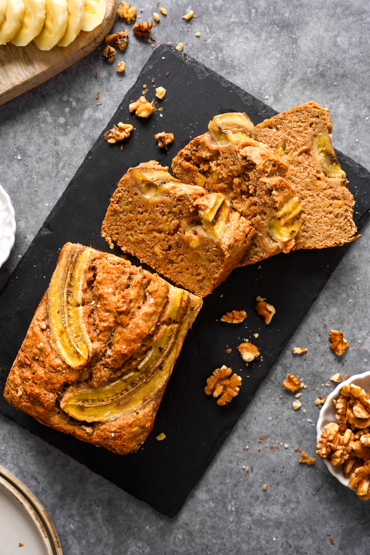 looking down at the spelt flour banana bread slices to show the fluffy texture