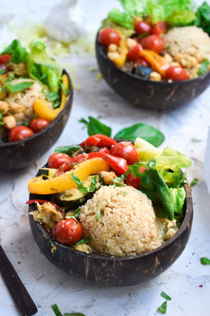 cooked vegetables served over whole wheat couscous