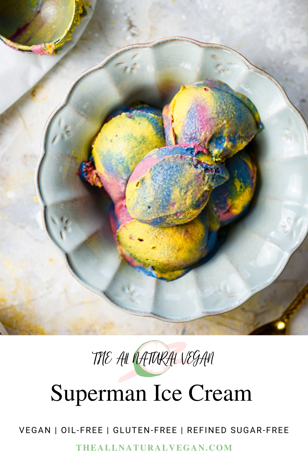 superman ice cream recipes card stating this recipe is oil-free, refined sugar-free, gluten-free, dairy-free, and made with natural colors