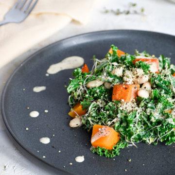 a winter dinner salad recipe with kale and butternut squash