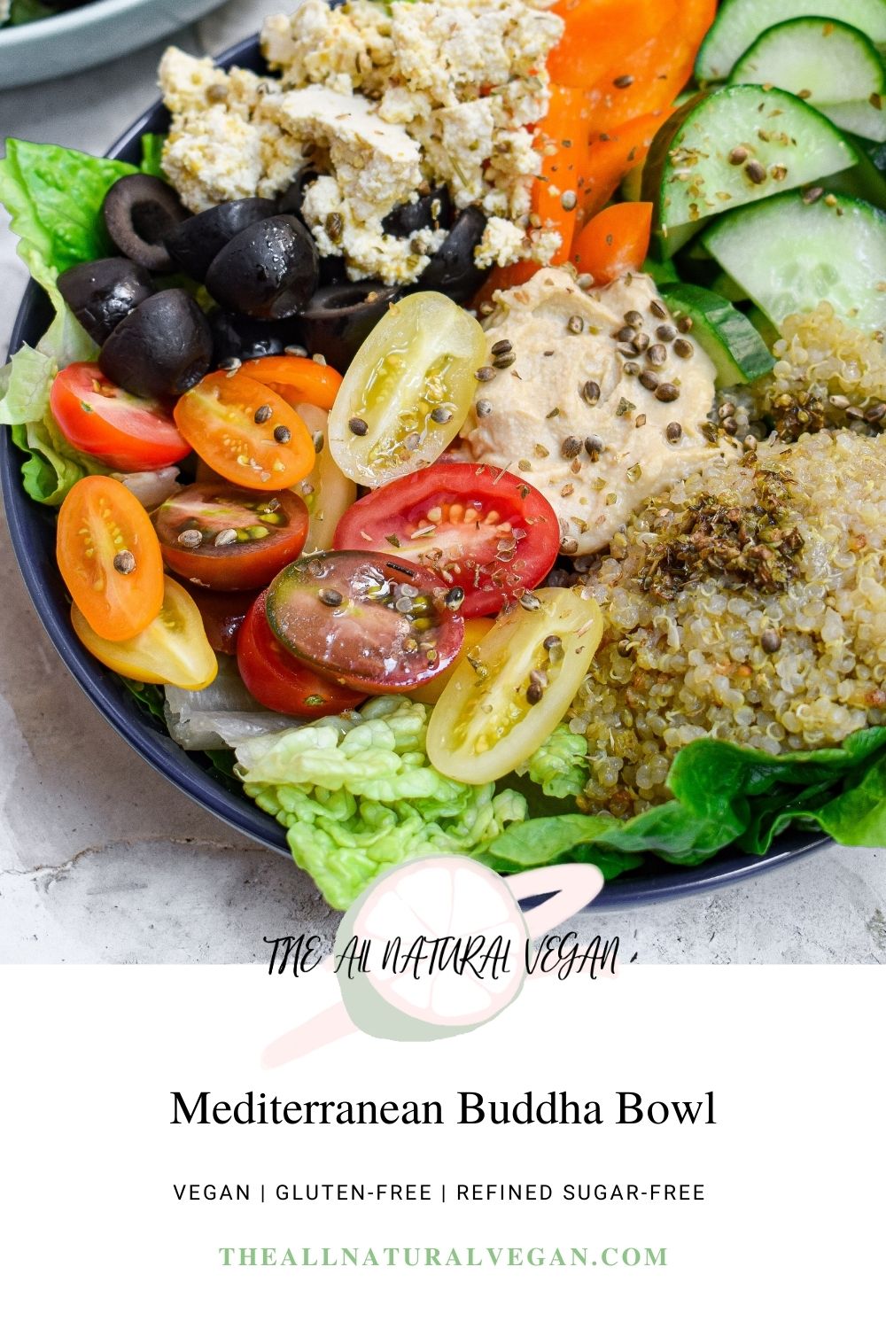 Mediterranean buddha bowl recipe card stating this recipe is vegan, reined sugar-free, and  gluten-free