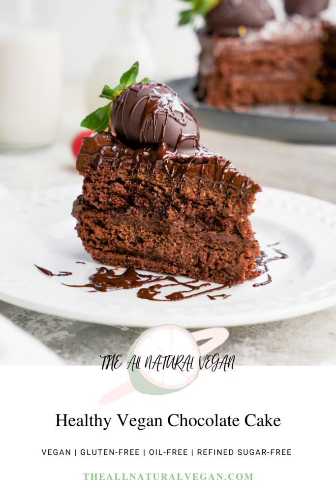 vegan healthy chocolate cake with dietary information about how the cake recipe is oil-free, gluten-free, refined sugar-free, and vegan