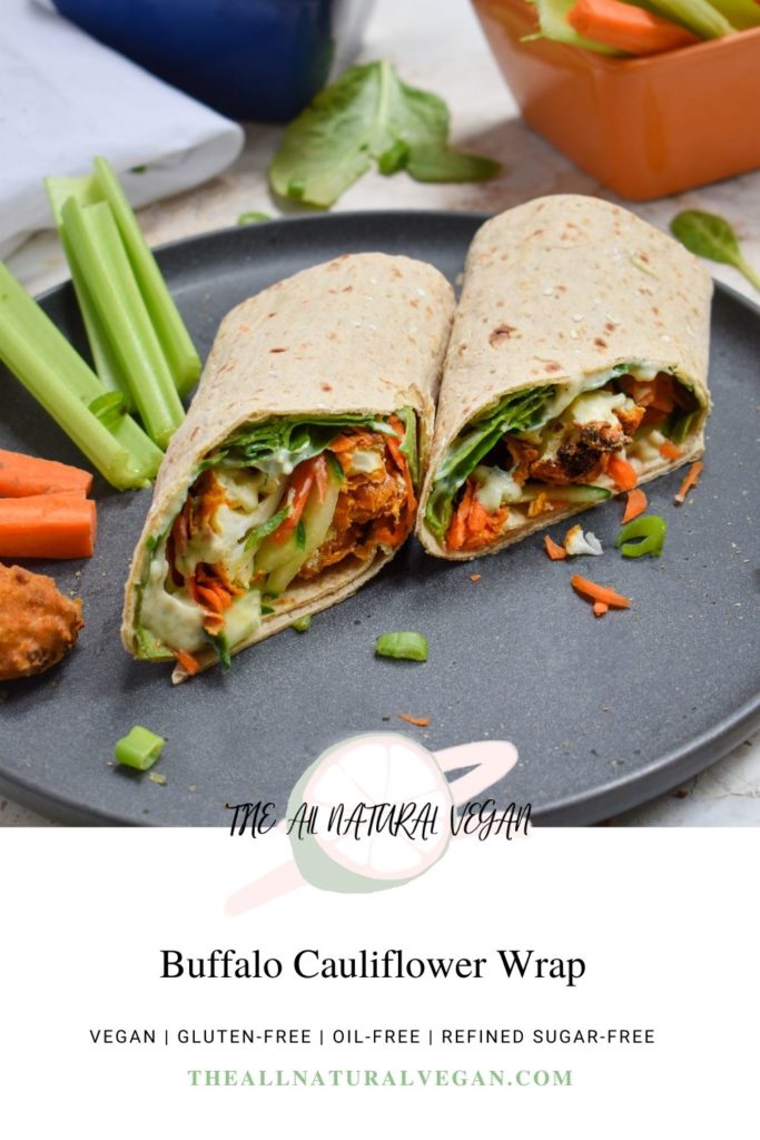 buffalo cauliflower wraps recipe card stating that this recipe is oil-free, vegan, and gluten-free