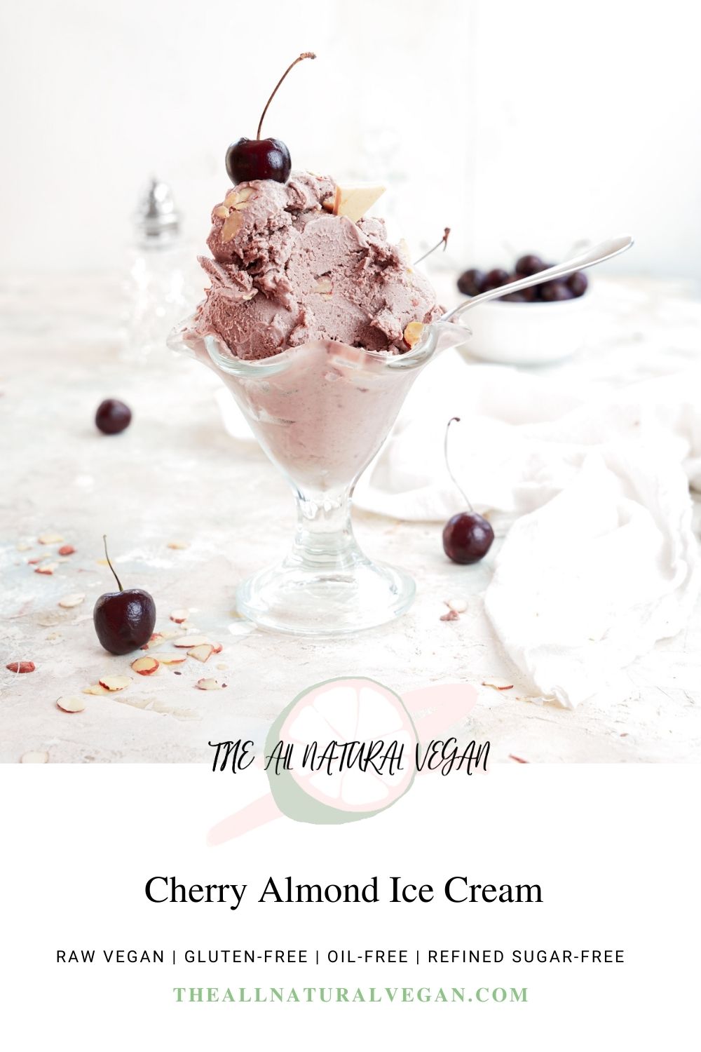 cherry and almond ice cream recipe card stating this is a raw vegan ice cream recipe that is oil-free, gluten-free, and refined sugar-free.