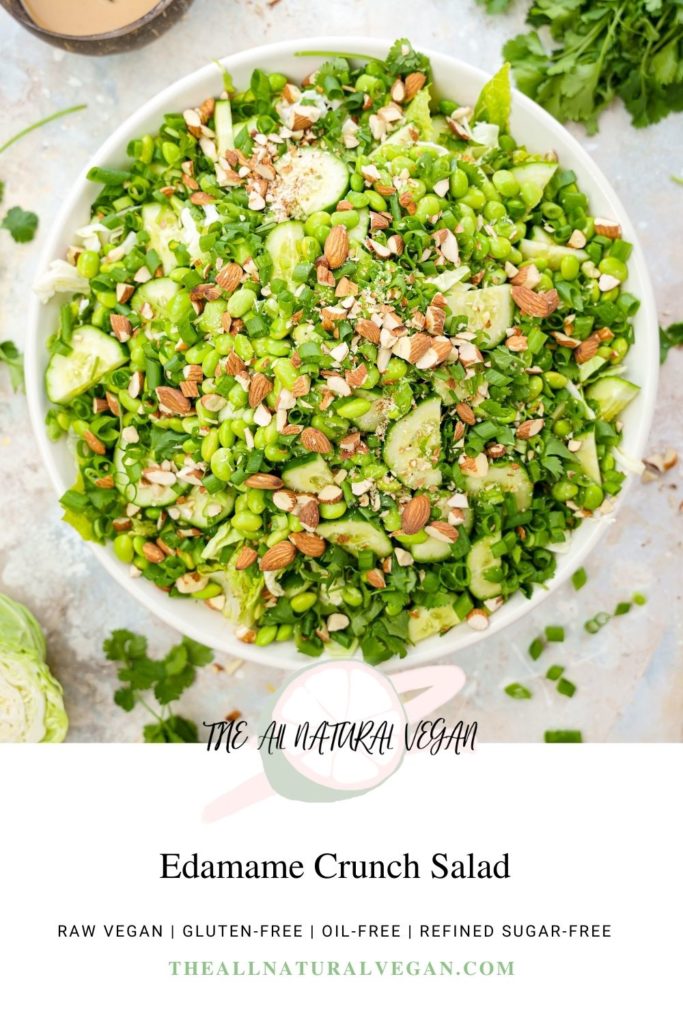 edamame crunch salad with allergy information stating that this is a raw vegan, gluten-free, oil-free, and refined sugar-free recipe.