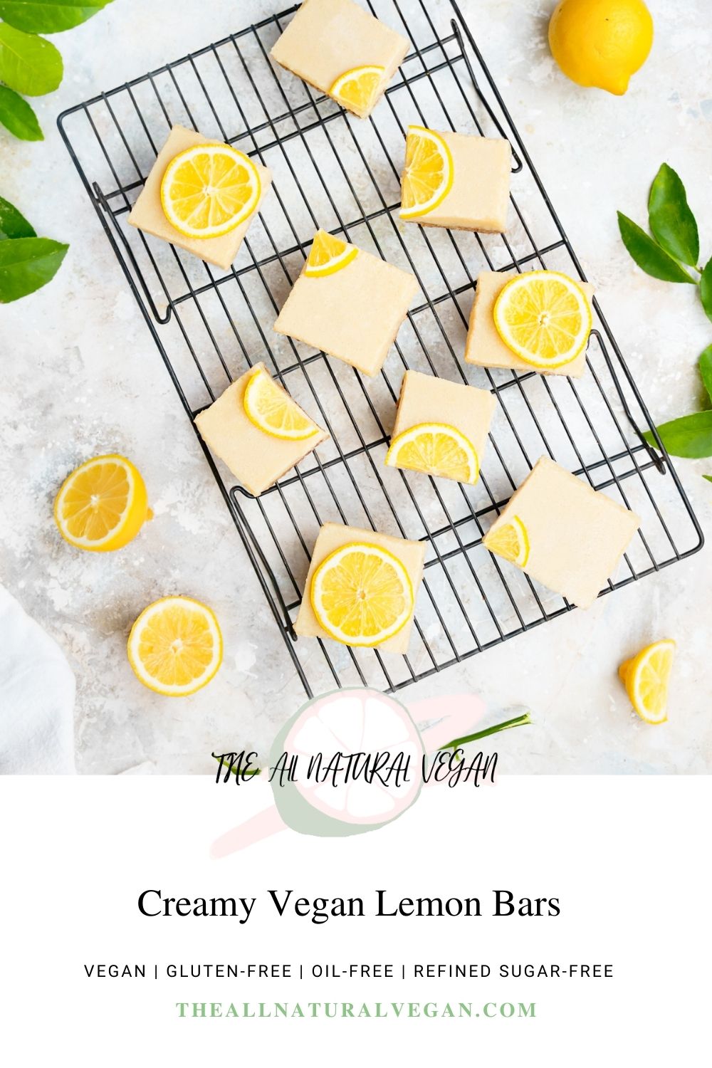 vegan lemon bar recipe cardstating this recipe is oil-free, gluten-free, and refined sugar-free