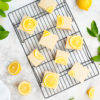 creamy vegan lemon squares with decorative lemons and fresh cut lemon leaves