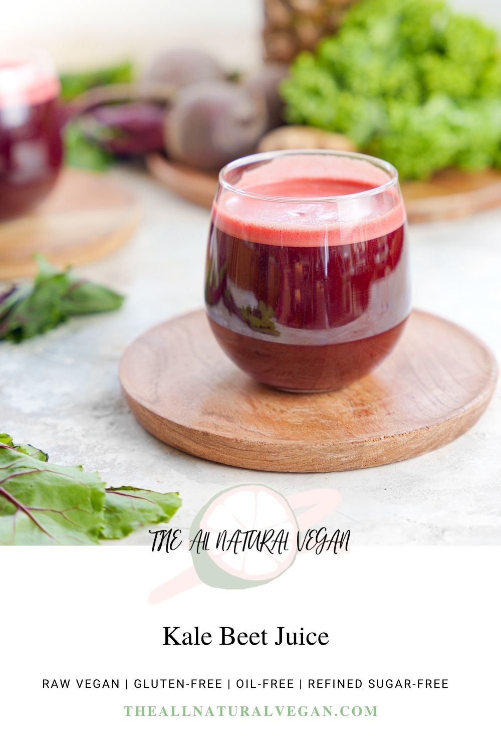 beets and kale juice recipe card stating this recipe is raw vegan, refined sugar-free, gluten-free, and oil-free