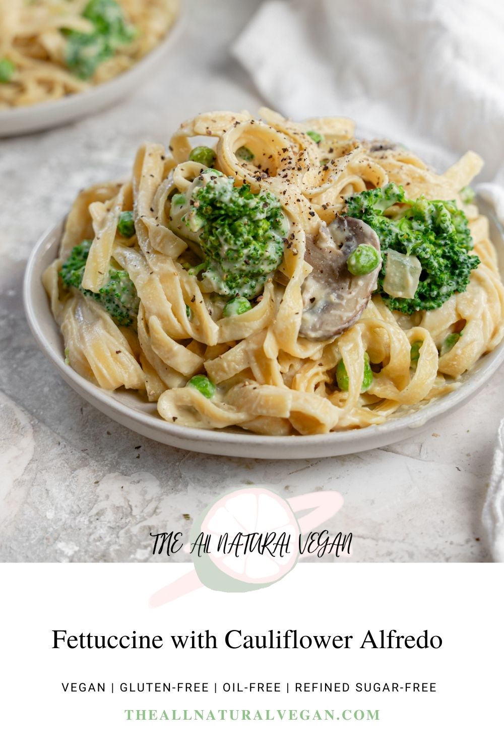 vegan cauliflower Alfredo recipe card stating this recipe is oil-free, gluten-free, vegan, and refined sugar-free