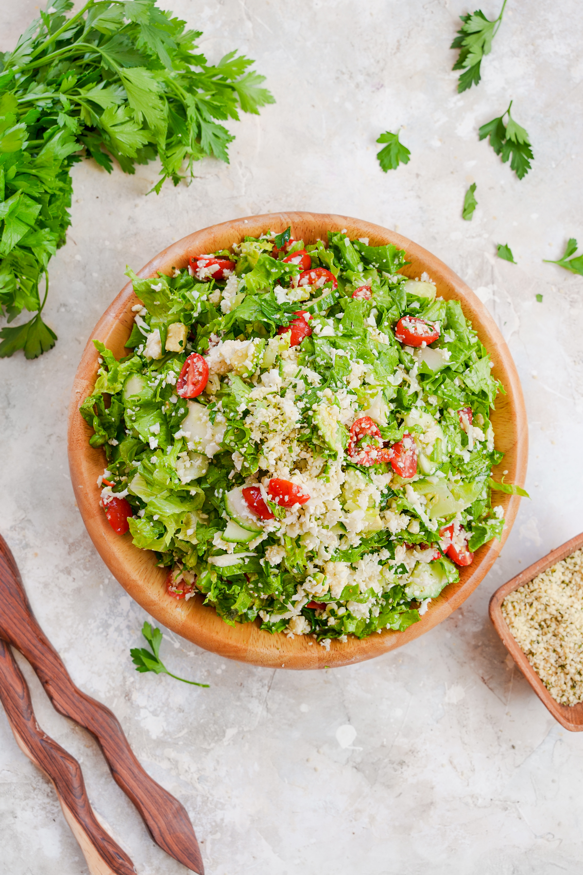 cauliflower tabbouleh salad tossed with the oil-free dressing