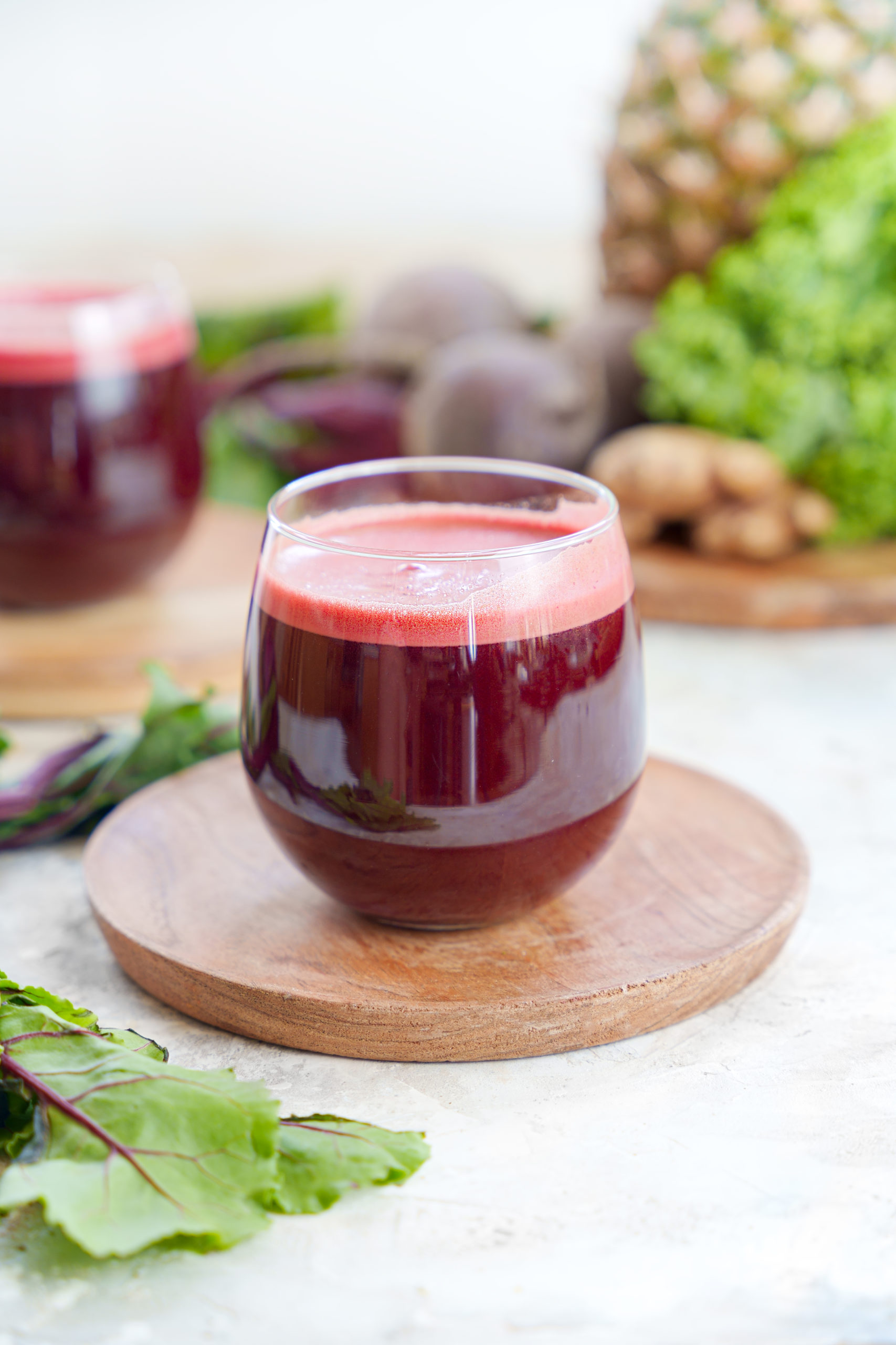 close up of the beets and kale juice recipe to show the vibrant red color