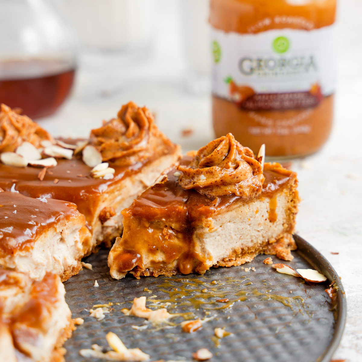 maple caramel almond cheesecake featured image