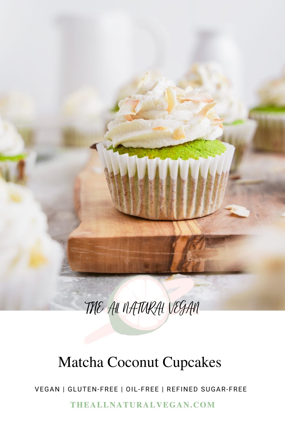 Matcha cupcake recipe card stating these cupcakes are vegan, oil-free, gluten-free, and refined sugar-free