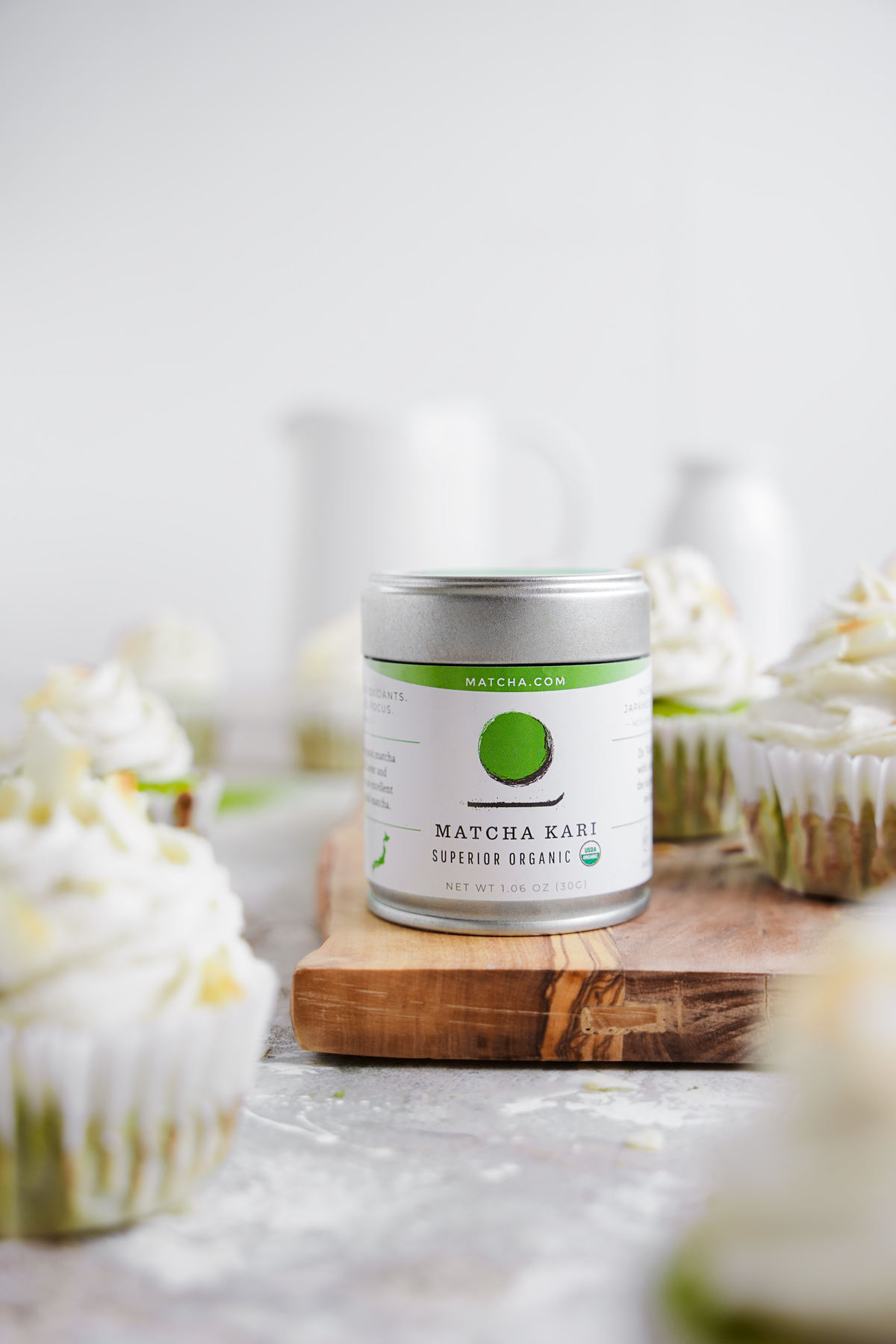 matcha kari superior organic tin surrounded by the matcha cupcakes vegan