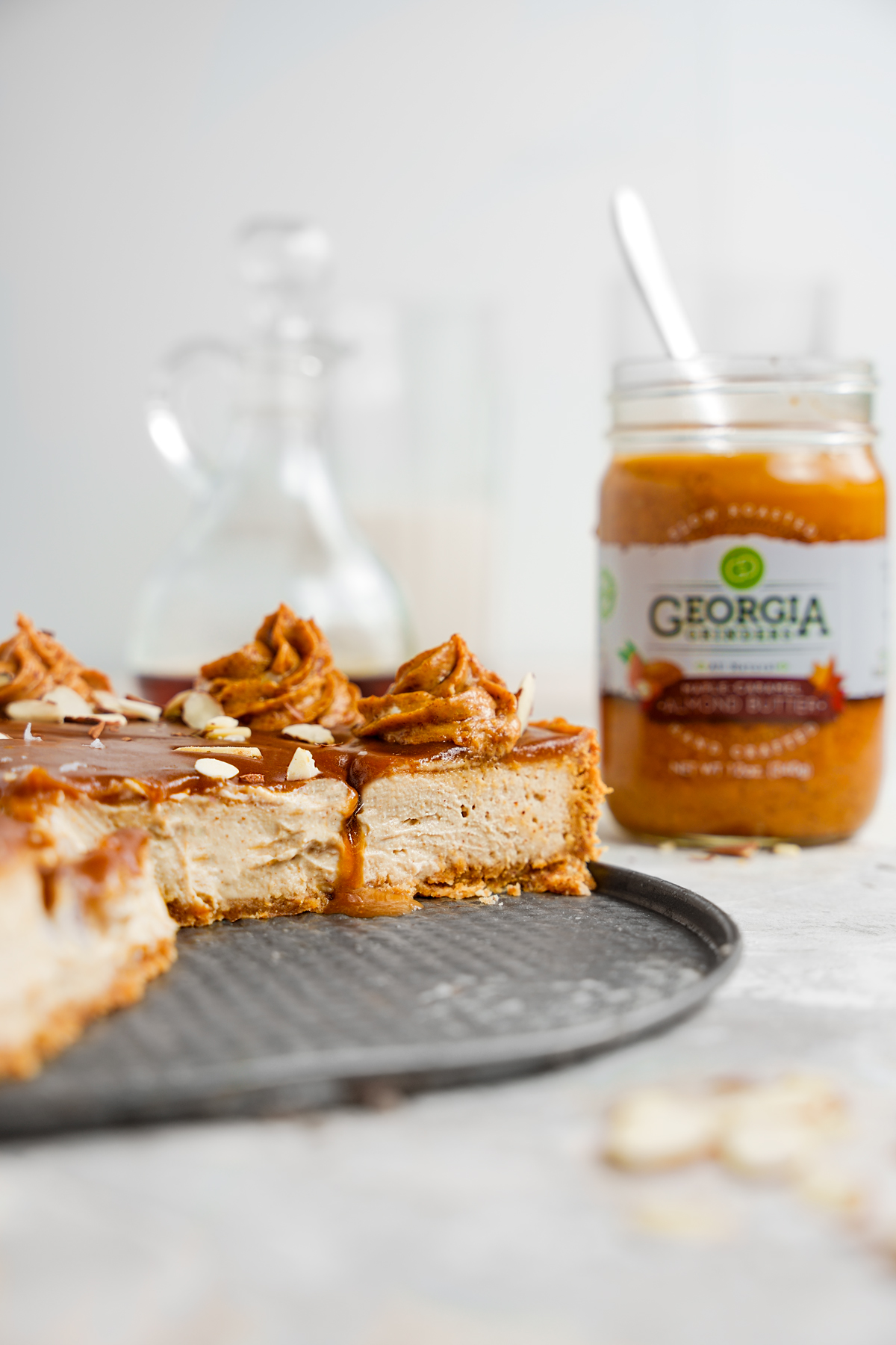 The naturally sweetened cheesecake next to the Georgia grinders maple caramel almond butter glass