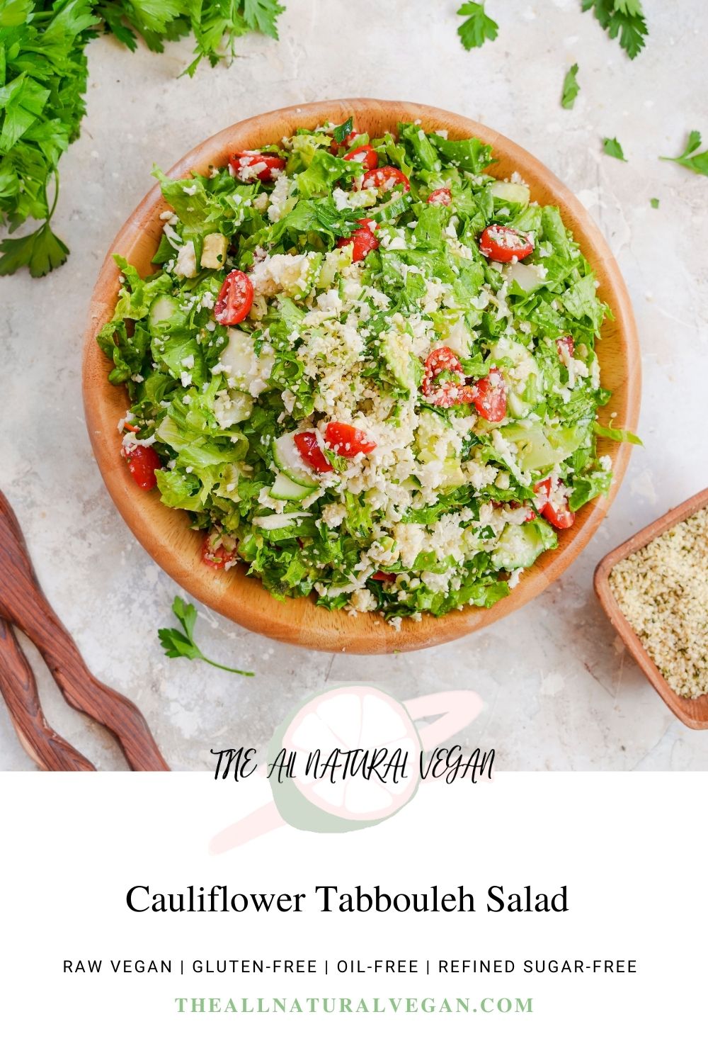 cauliflower tabbouleh salad recipe card stating this recipe is raw vegan, oil-free, gluten-free, and refined sugar-free