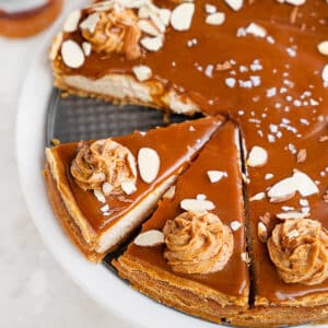 maple caramel almond cheesecake featured image