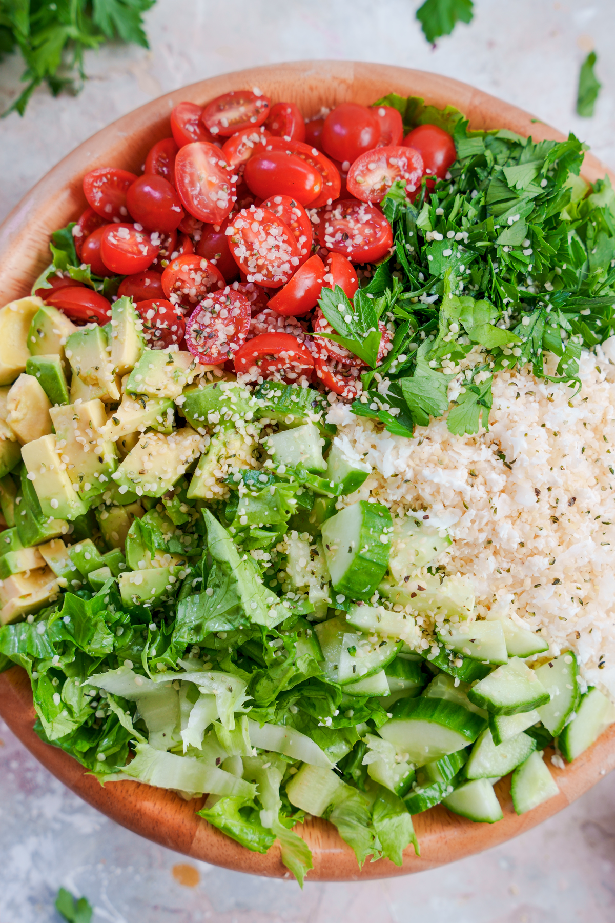 close up of the raw vegan salad to show the texture and ingredients