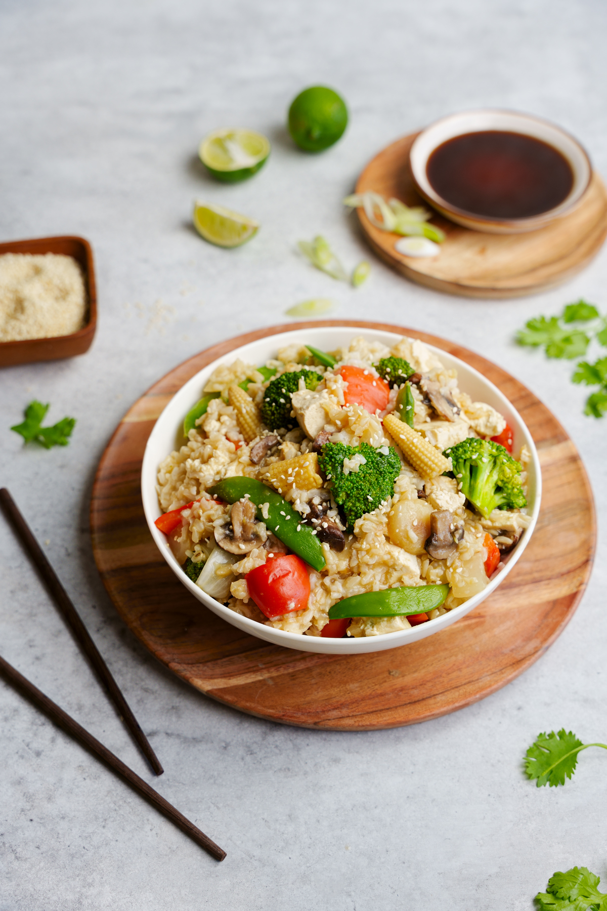 the vegetable unfried rice with chopsticks and soy sauce