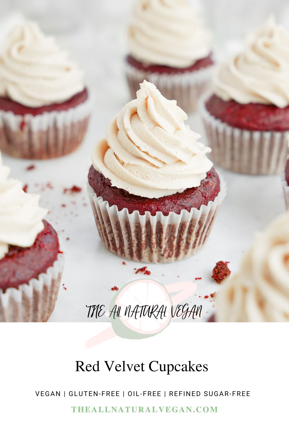 red velvet cupcake recipe card stating this recipe is oil-free, gluten-free, refined sugar-free, and vegan