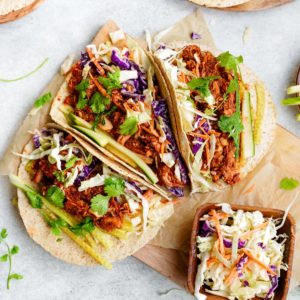 close up of the bbq jackfruit tacos with the healthy vegan coleslaw