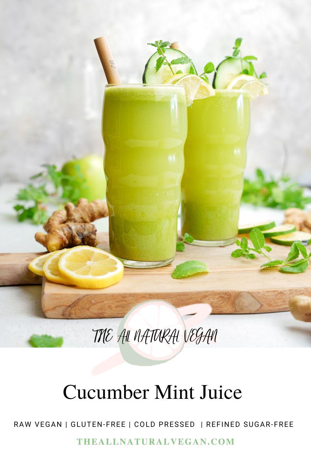 cucumber mint juice recipe card stating this recipe is cold pressed, raw vegan, gluten-free, and refined sugar-free