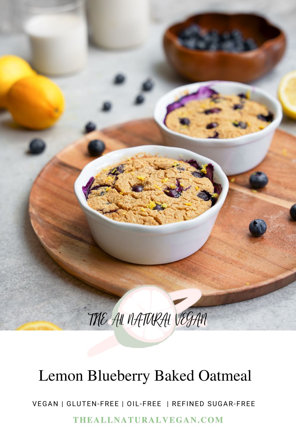 lemon blueberry baked oatmeal recipe card stating this recipe is oil-free, gluten-free, vegan, and refined sugar-free