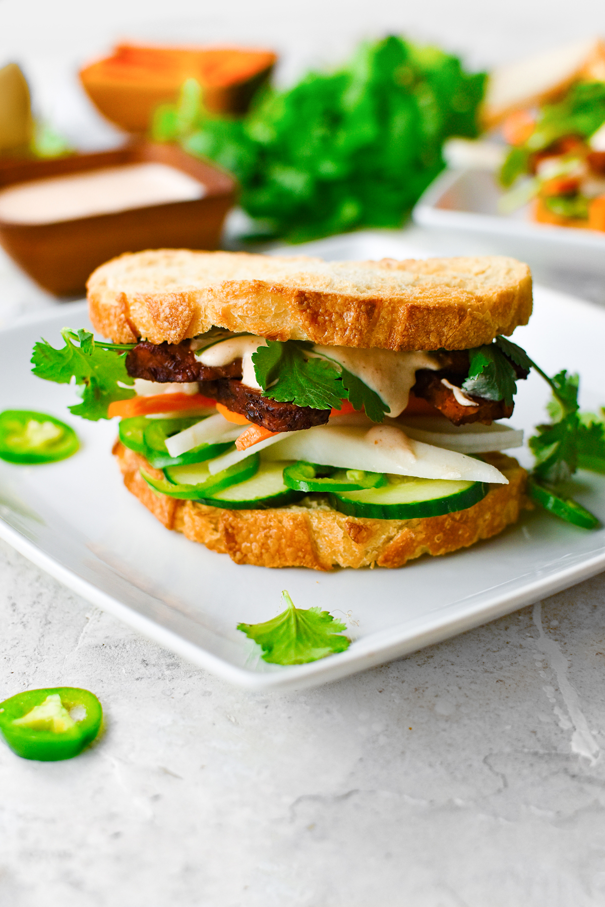 the stacked vegan banh mi with sourdough bread