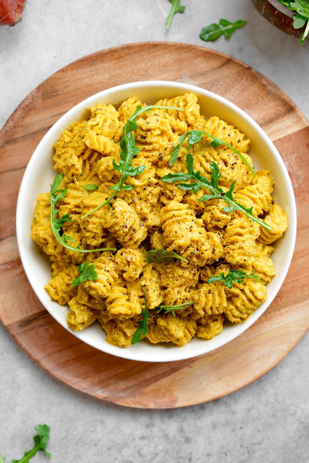 close up of the golden beet pasta to show the creamy texture