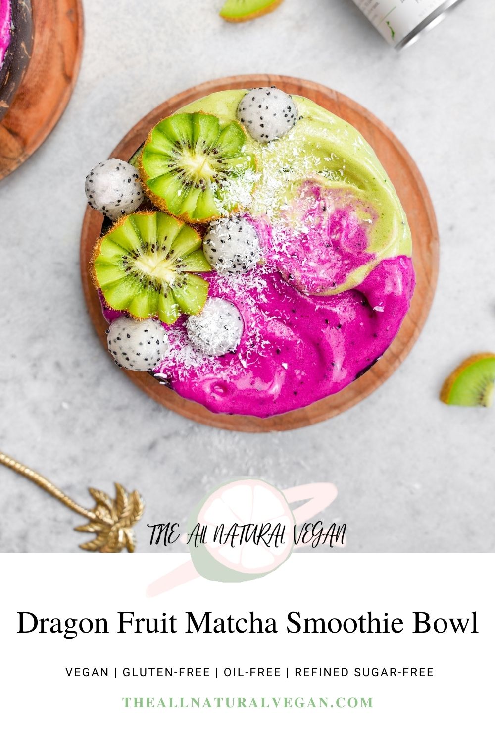 the dragon fruit matcha smoothie bowl recipe card stating this recipe is vegan, gluten-free, oil-free, and refined augar-free
