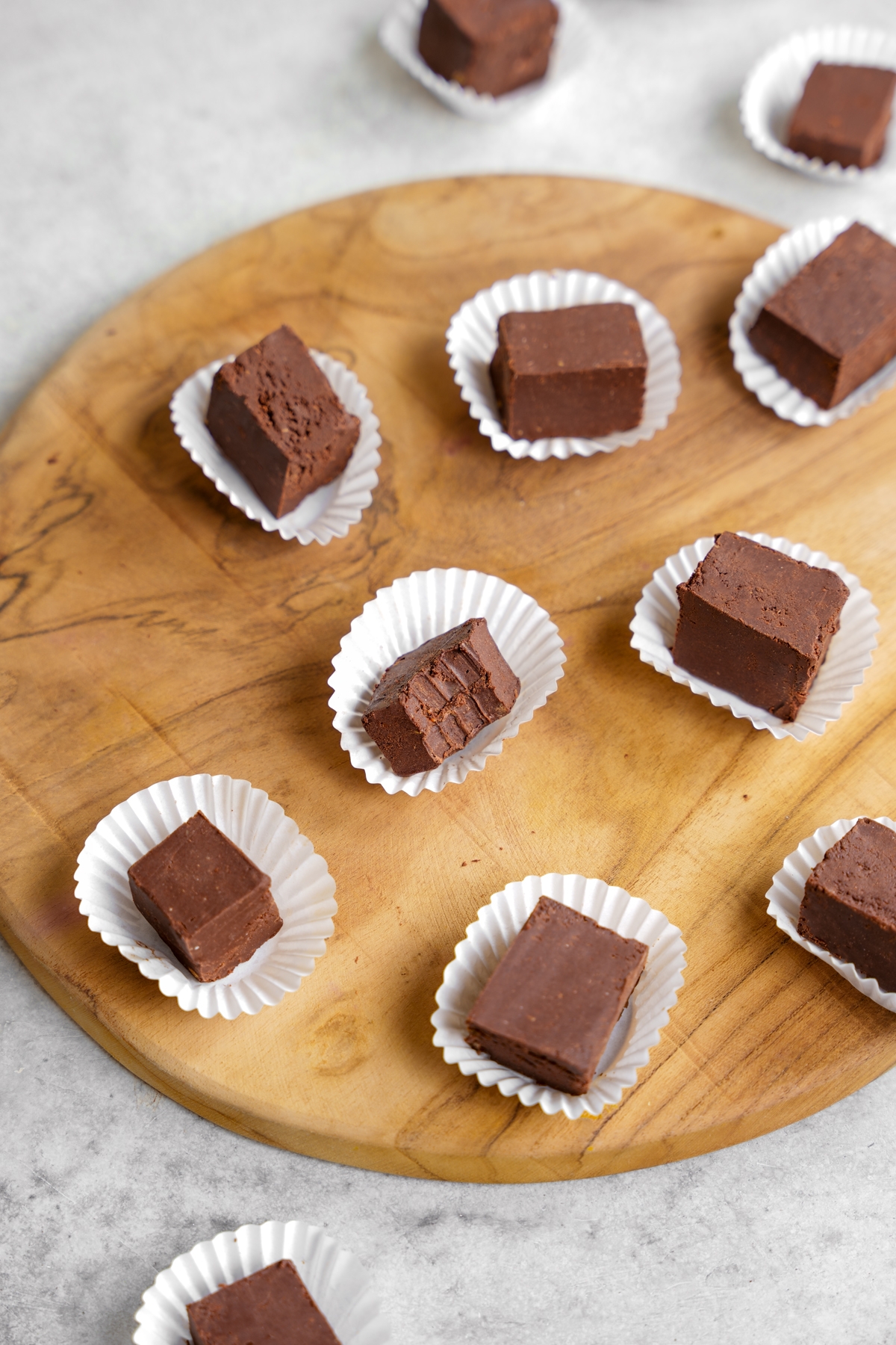 looking down at the vegan protein fudge with a bite taken out to show the rich fudgy texture