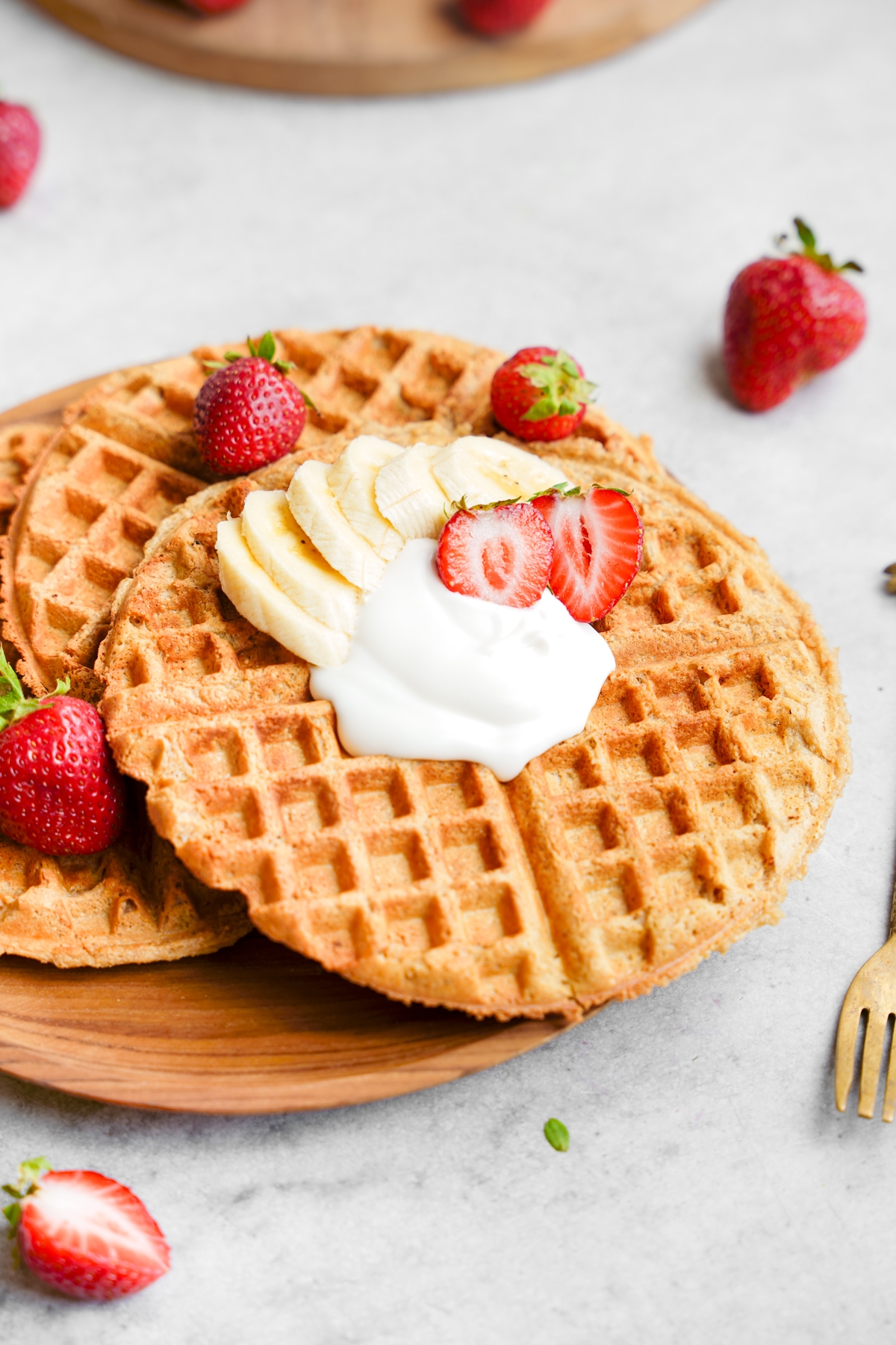 the vegan protein waffles close up to show the crispy texture