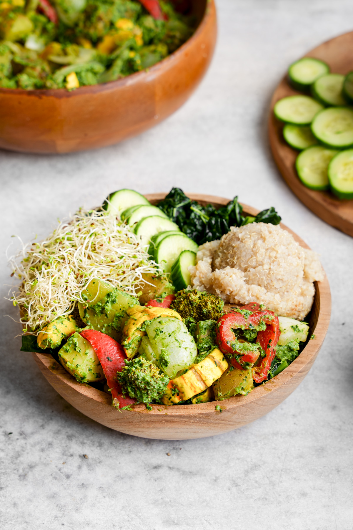 the vegan buddha bowl with superfood pesto mixed in