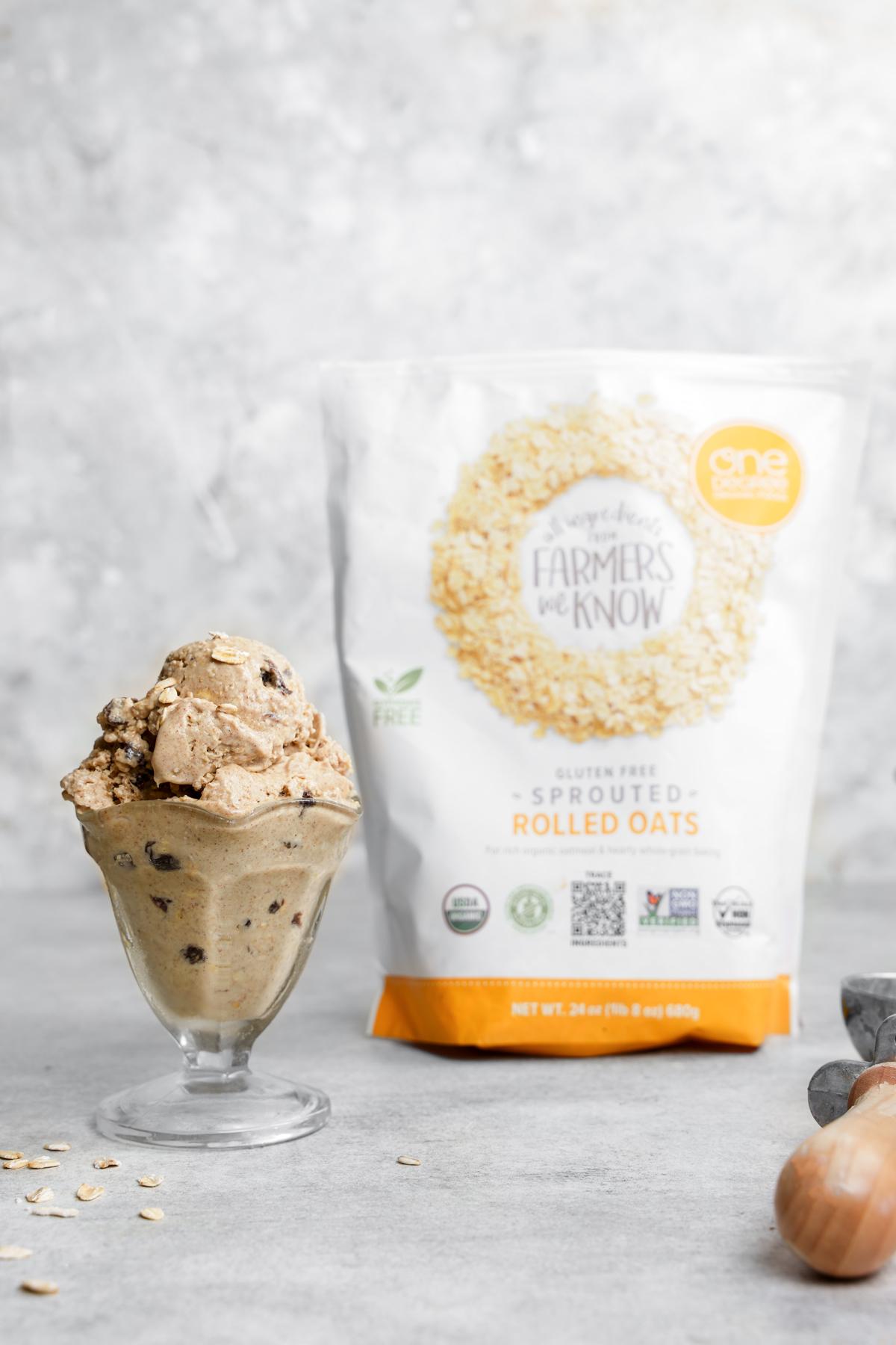 the oatmeal raisin ice cream next to the one degree organics packaging