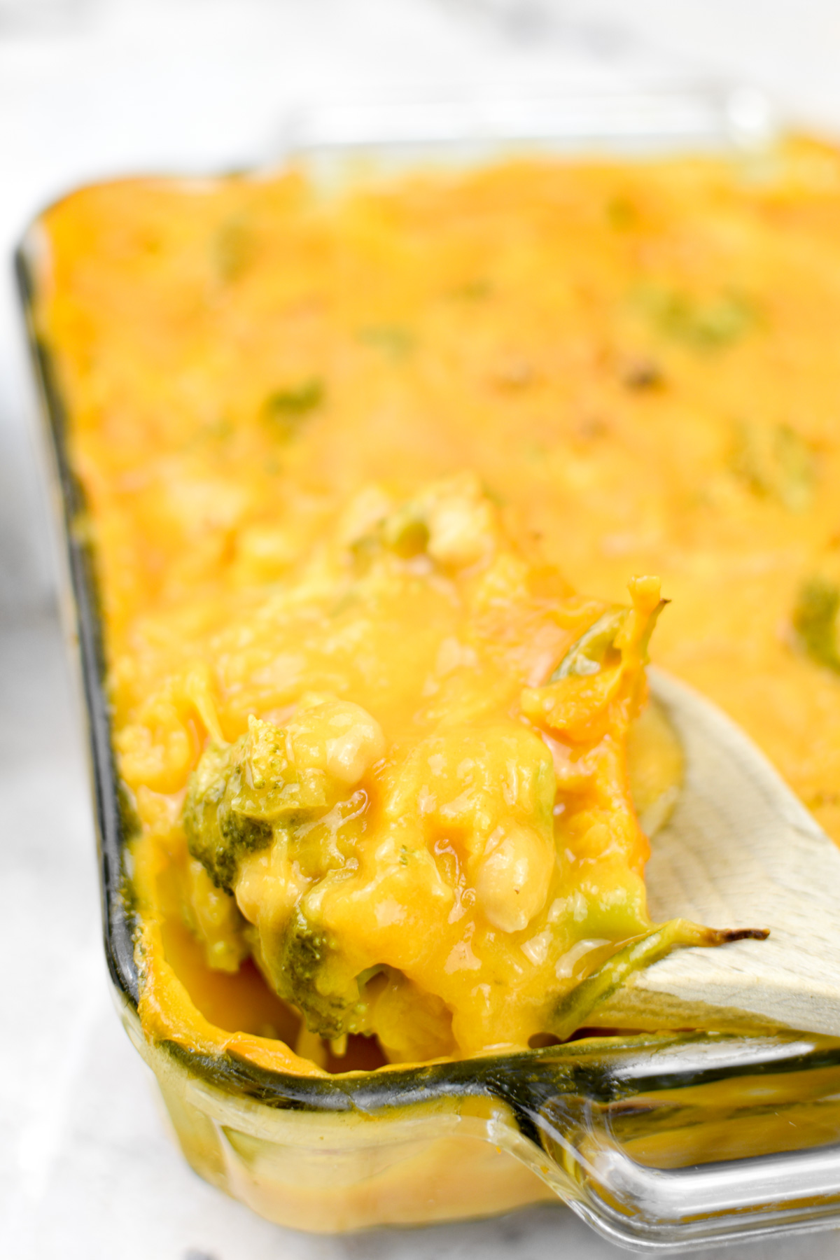 close up of the cheesy vegan casserole to show the 