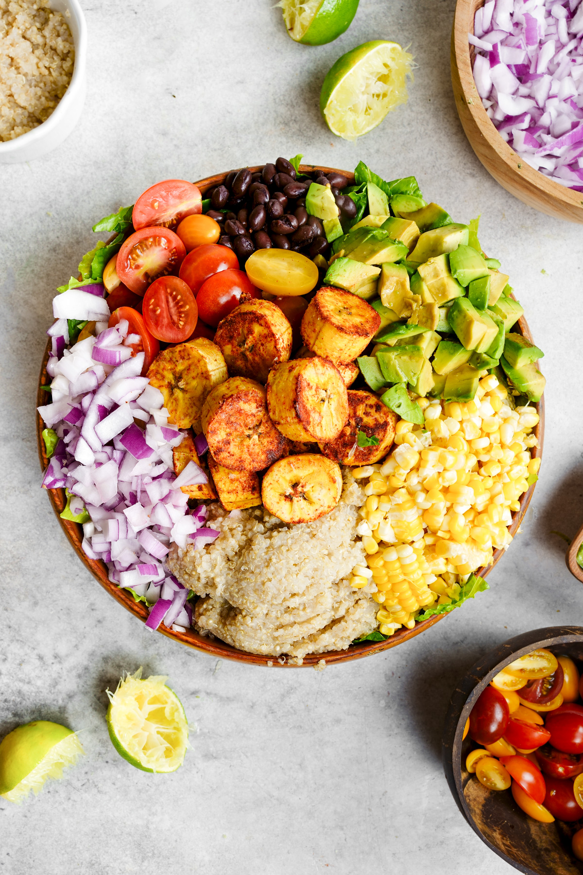 the bowl of plantain salad un-tossed to show all the individual vegetables