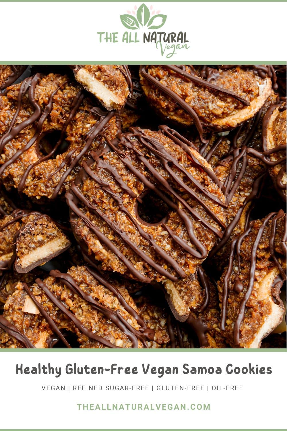 Close-up of healthy gluten-free vegan Samoa cookies arranged in a pile, featuring a golden coconut caramel topping, chocolate drizzle, and shortbread base, with one cookie showing a bite revealing its chewy texture.