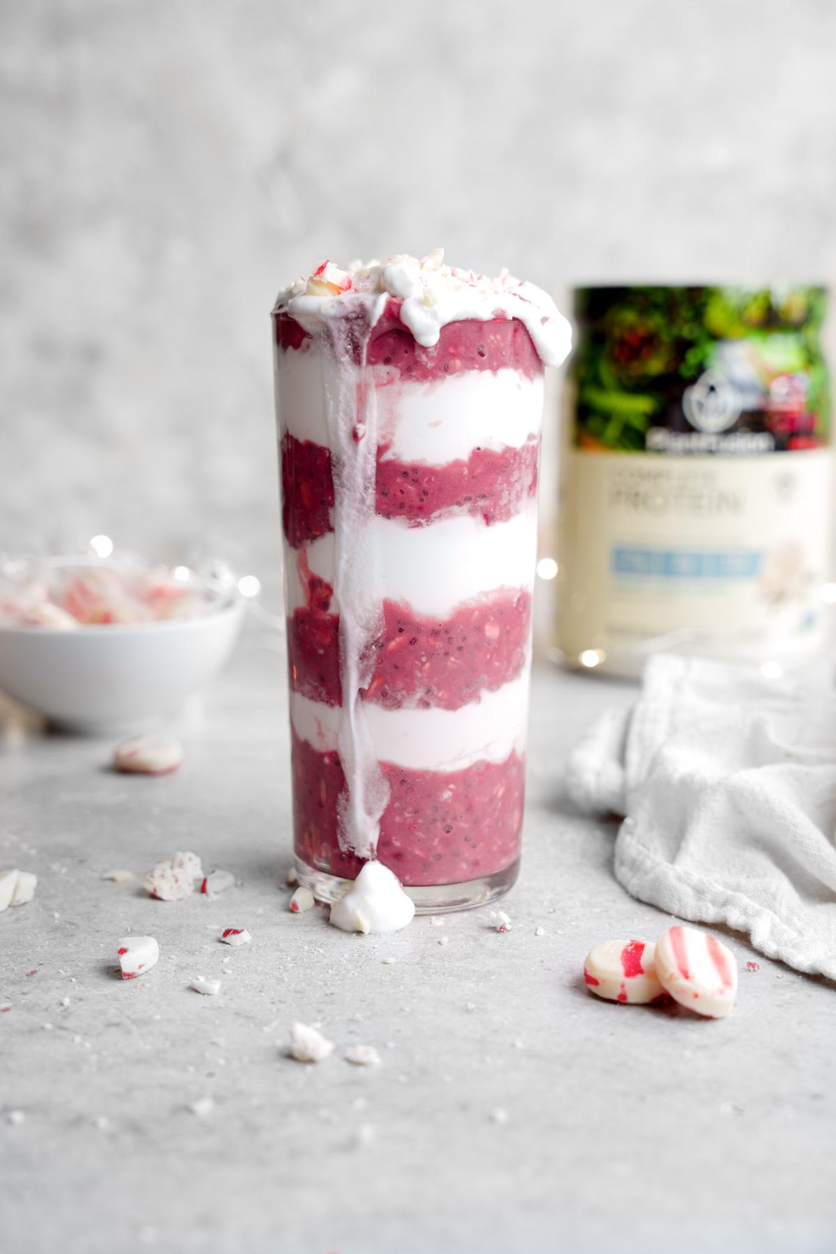 the peppermint overnight oats with the plantfusion protein powder in the background