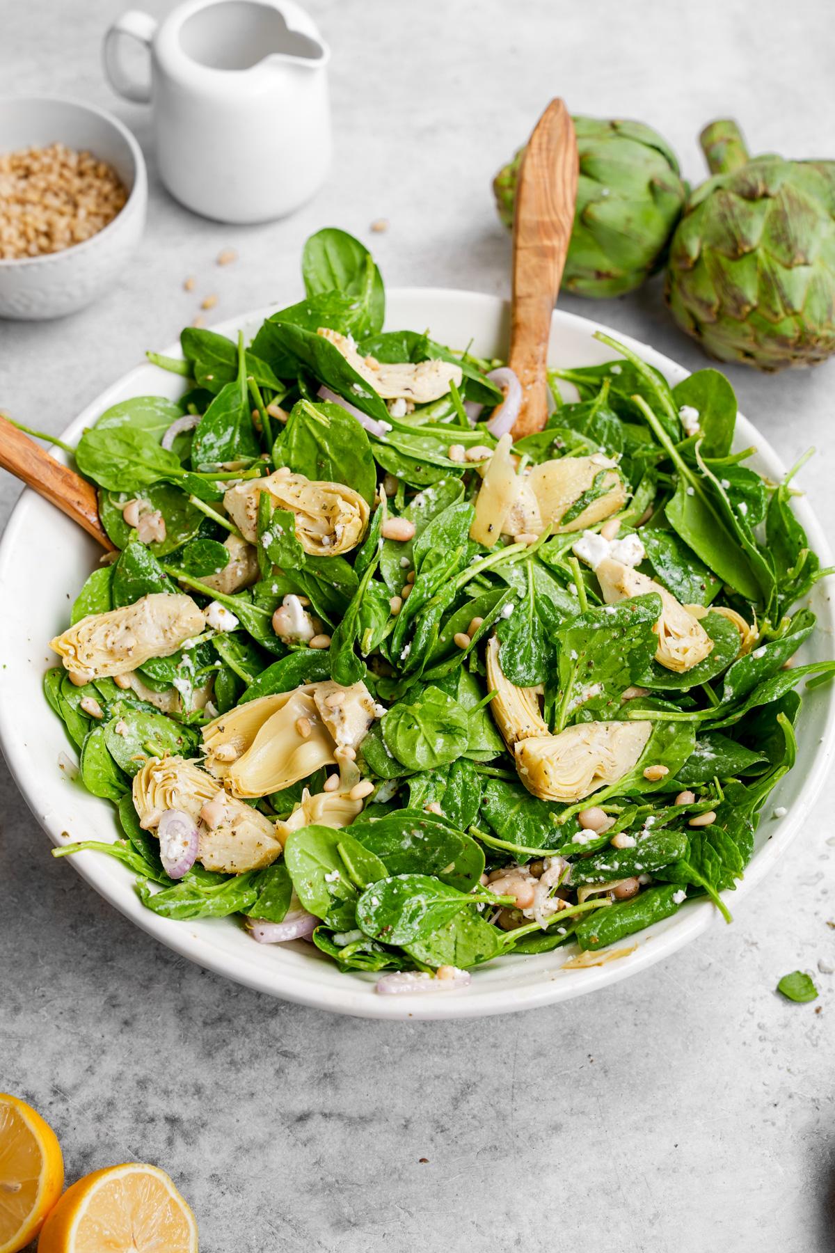 the spinach artichoke salad tossed with the lemon vinaigrette