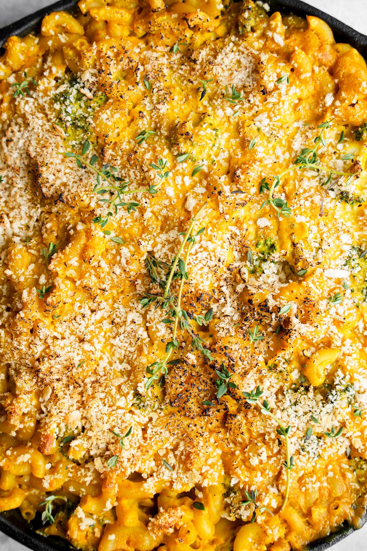 close up of the crunchy top of the nut free vegan mac and cheese