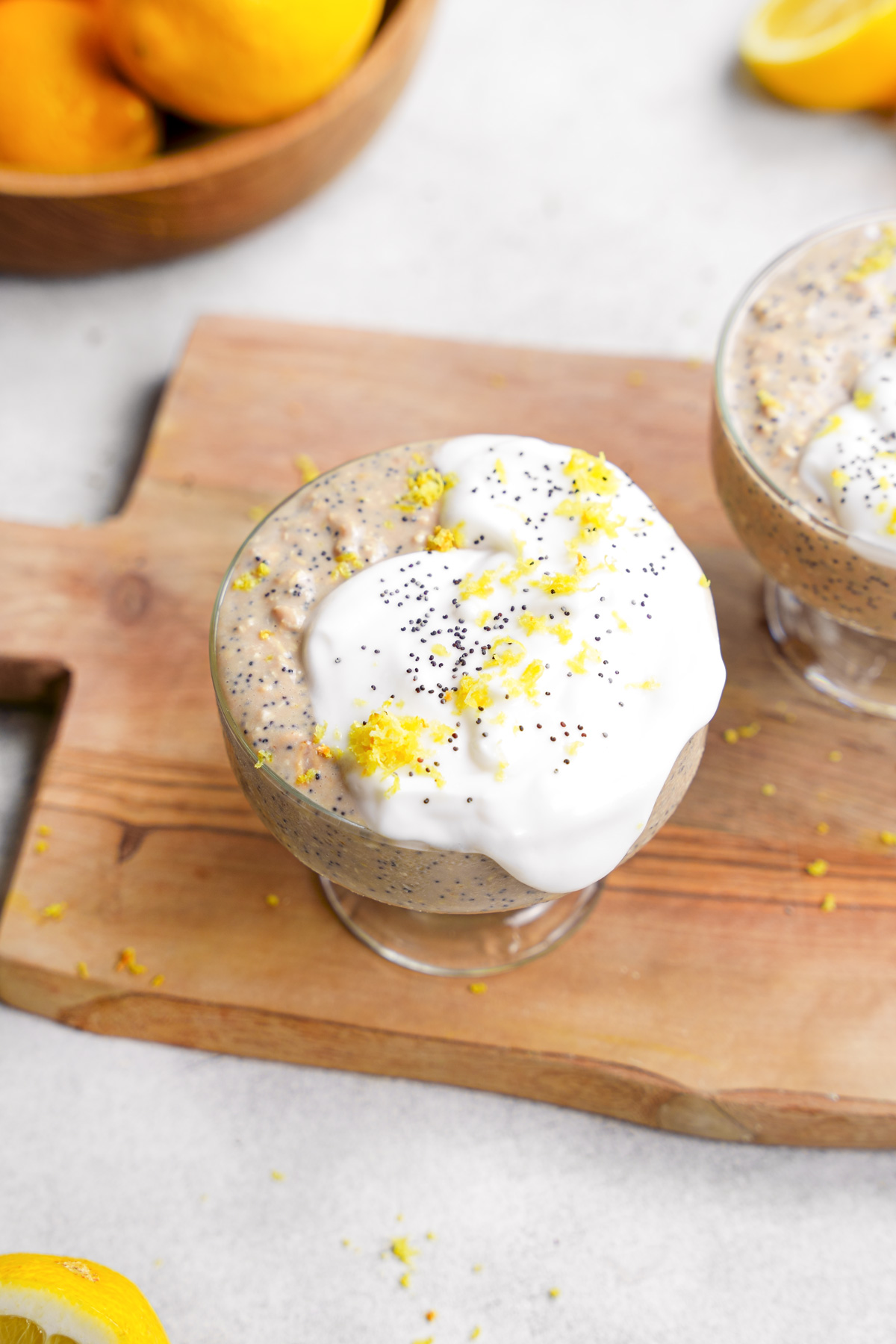 a close up of the lemon poppyseed overnight oats to show the creamy texture