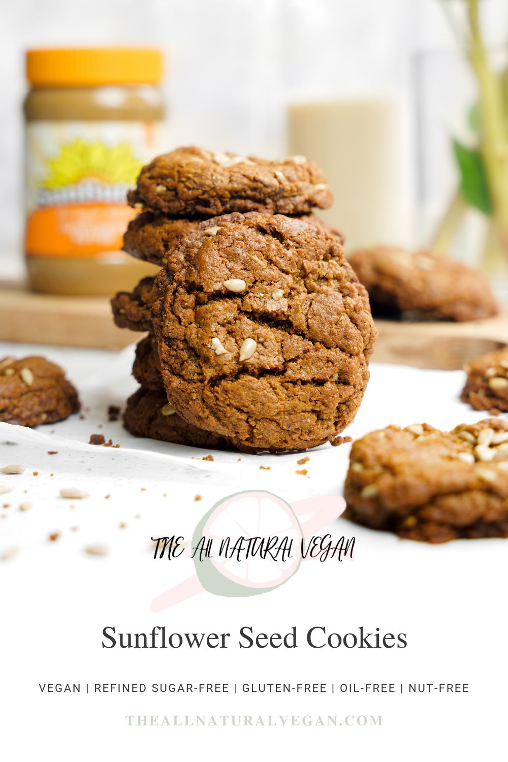 recipe card stating this sunflower seed cookie recipe is vegan, refined sugar-free, gluten-free, oil-free, and nut-free
