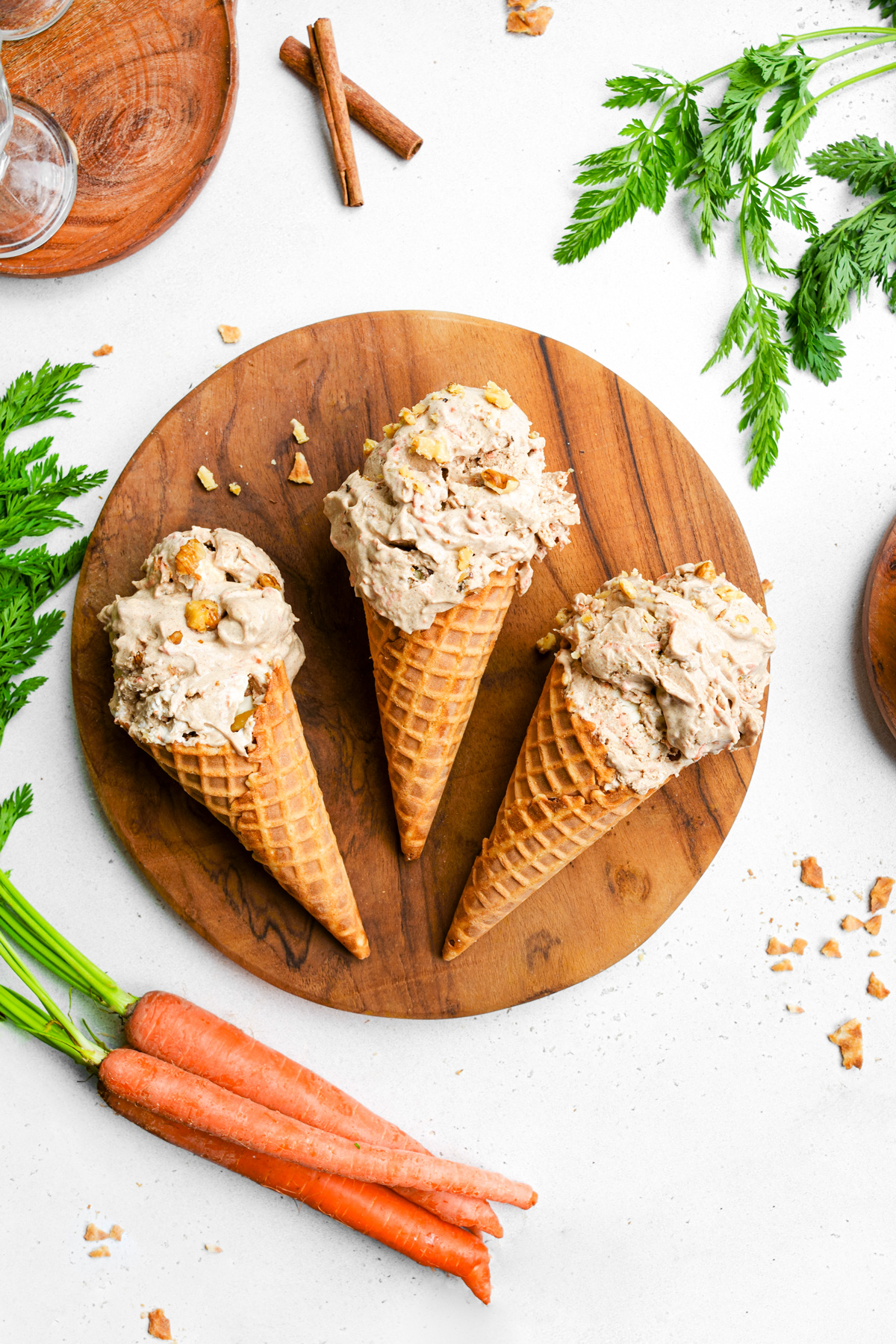 the carrot cake ice cream laying flat in cones