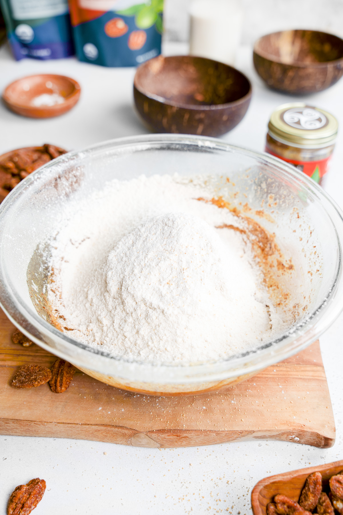 step four - adding the dry ingredients to the wet ingredients.