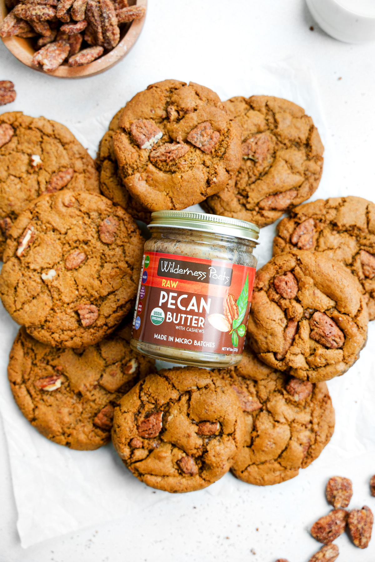 the candied vegan pecan cookies with the pecan butter jar