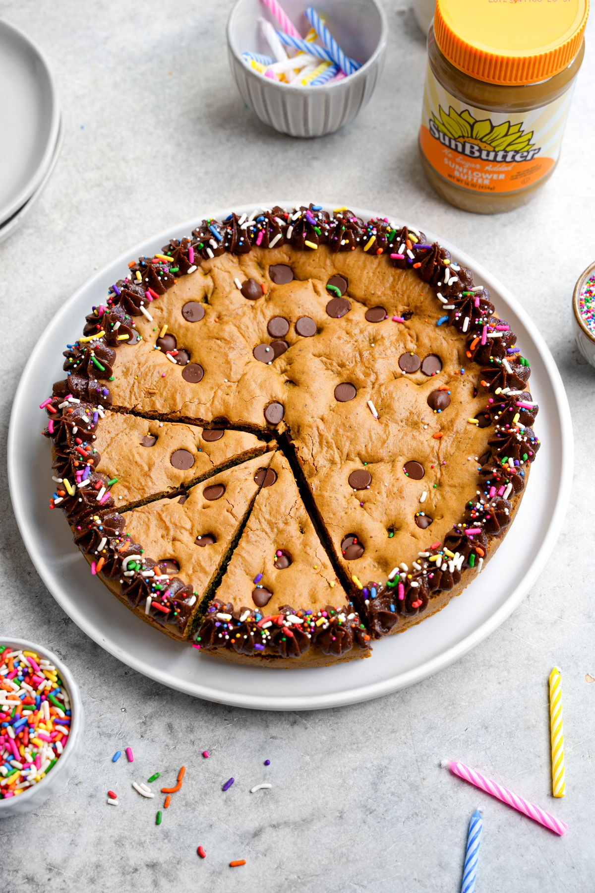 the gluten-free vegan cookie cake with the rainbow sprinkles and the sunbutter