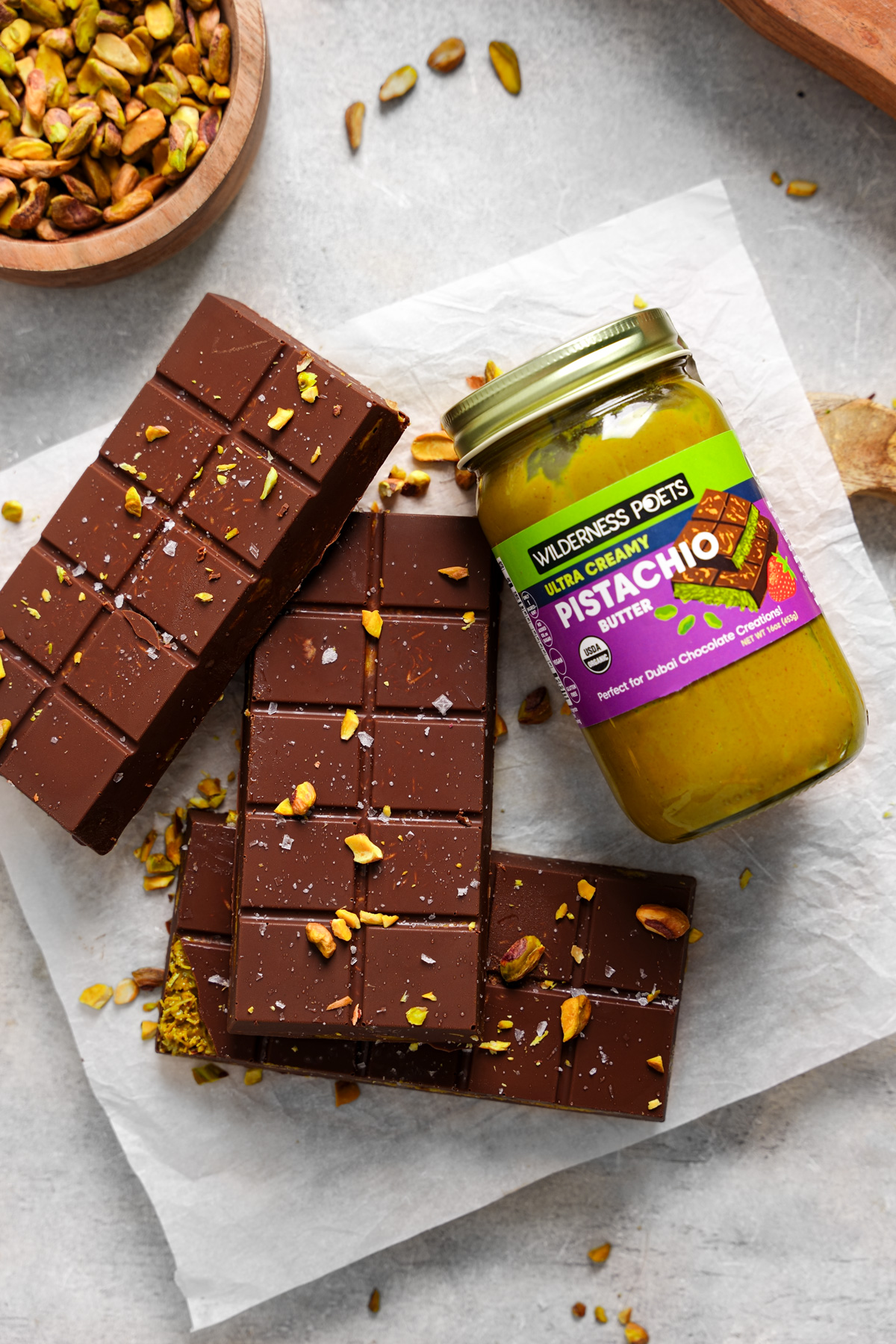 looking down at the dubai chocolate bars with the ultra creamy pistachio butter
