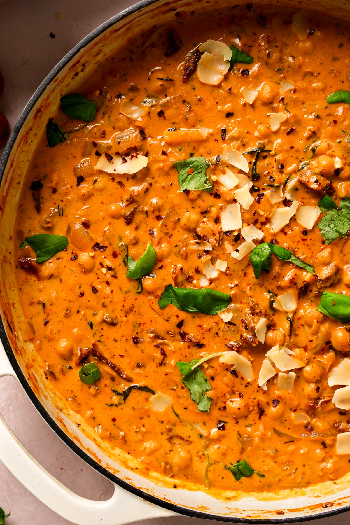 a close up of the vegan marry me chickpeas to show the creamy texture