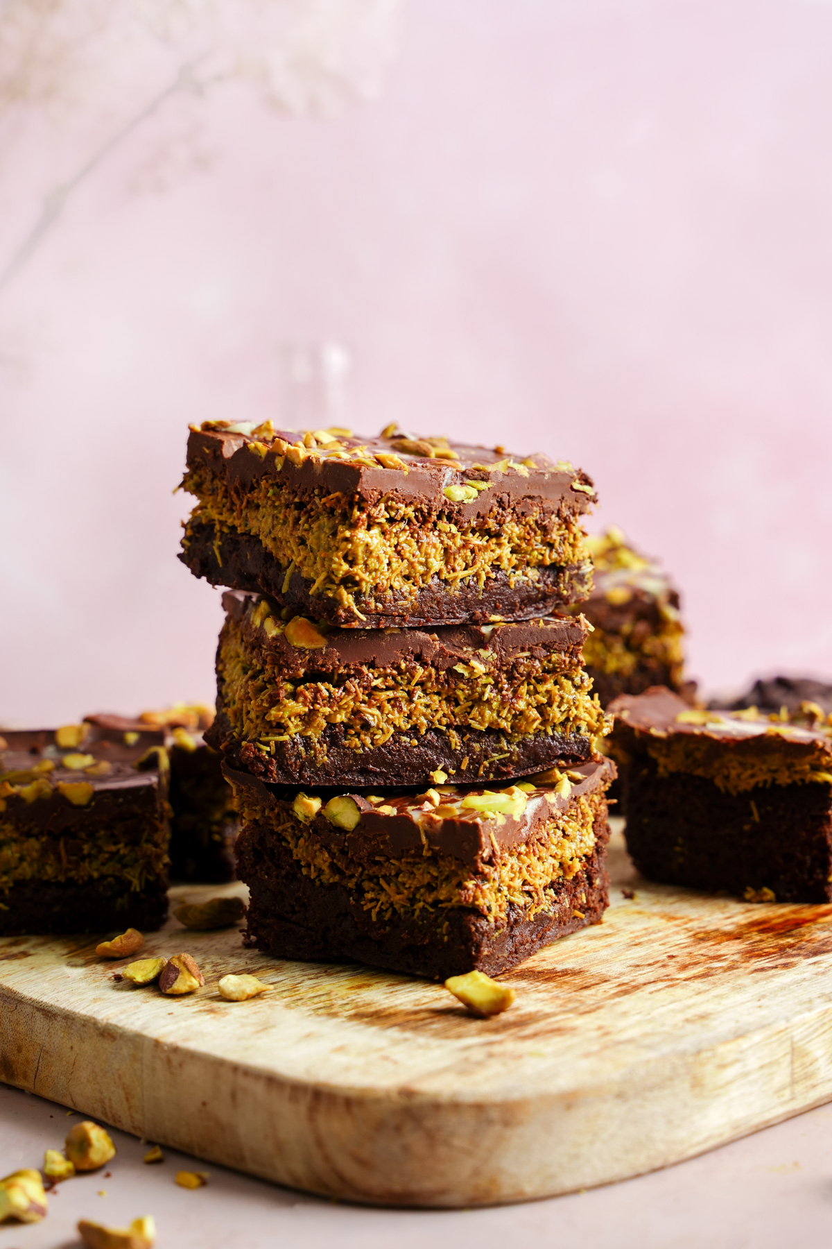 the dubai chocolate brownies stacked on top of each other