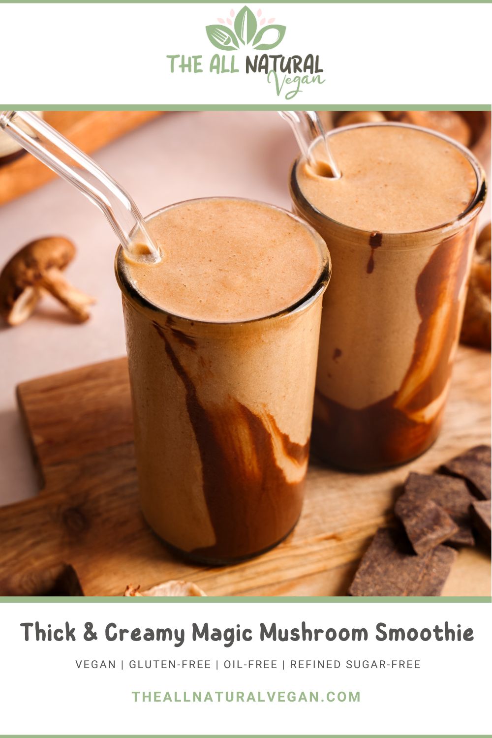 mushroom smoothie pinterest image stating this recipe is vegan, gluten-free, oil-free, and refined sugar-free
